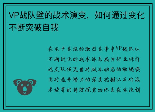 VP战队壁的战术演变，如何通过变化不断突破自我